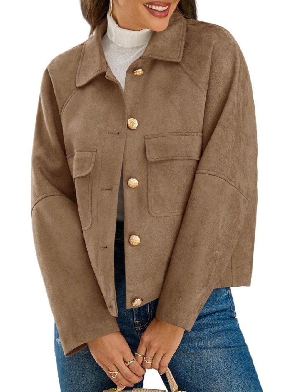 Women’s Dark Brown Faux Suede Shacket Button Down Lapel Collar Cropped Jacket